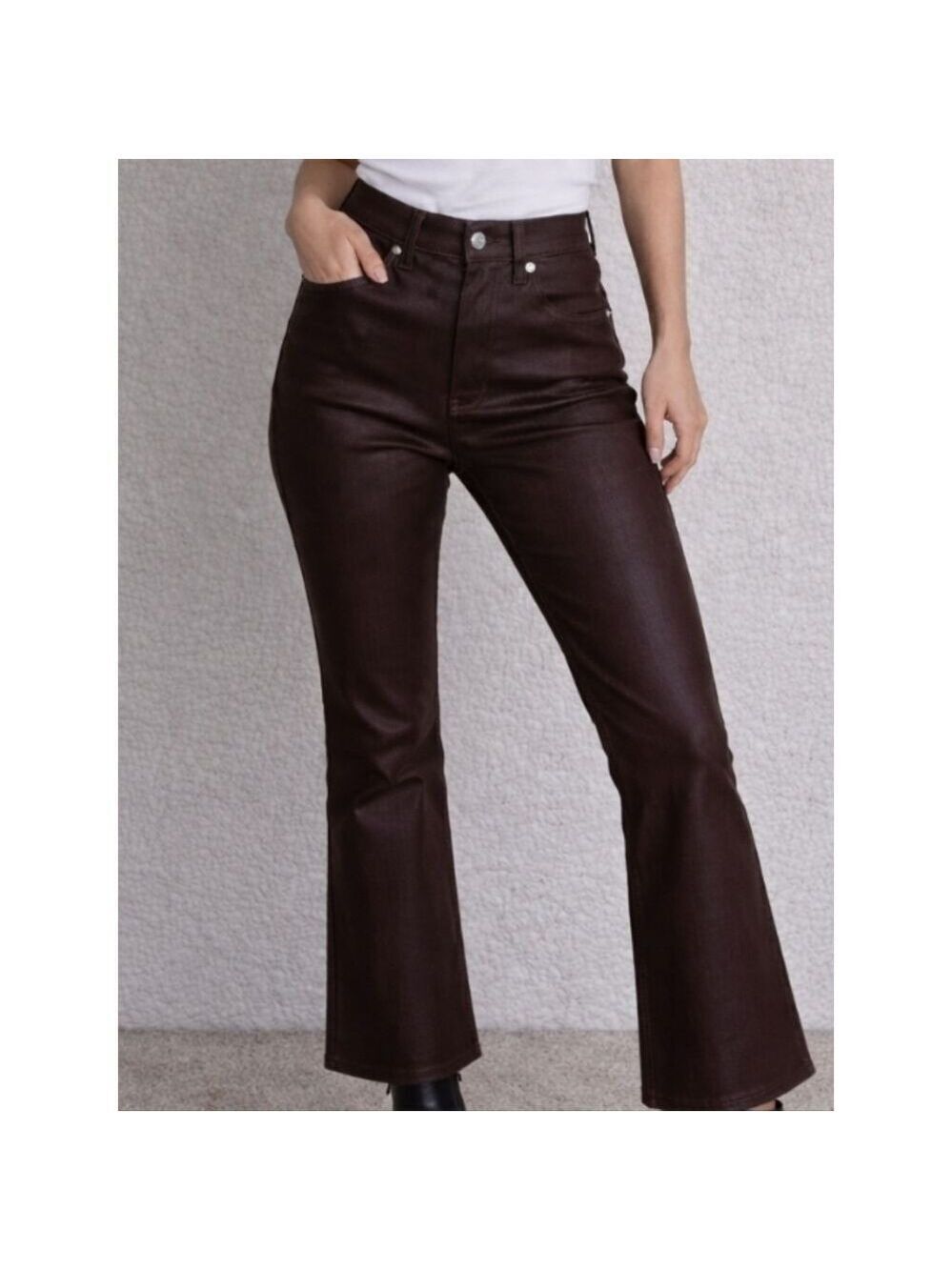 3410 Daze Denim Shy Girl High Rise Crop Flare Jeans Coated Espresso Sz 27